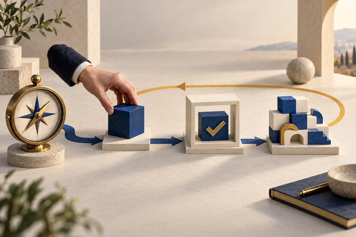 A compass guides human-directed building through an evidence check to reusable foundations, with a return path for learning.
