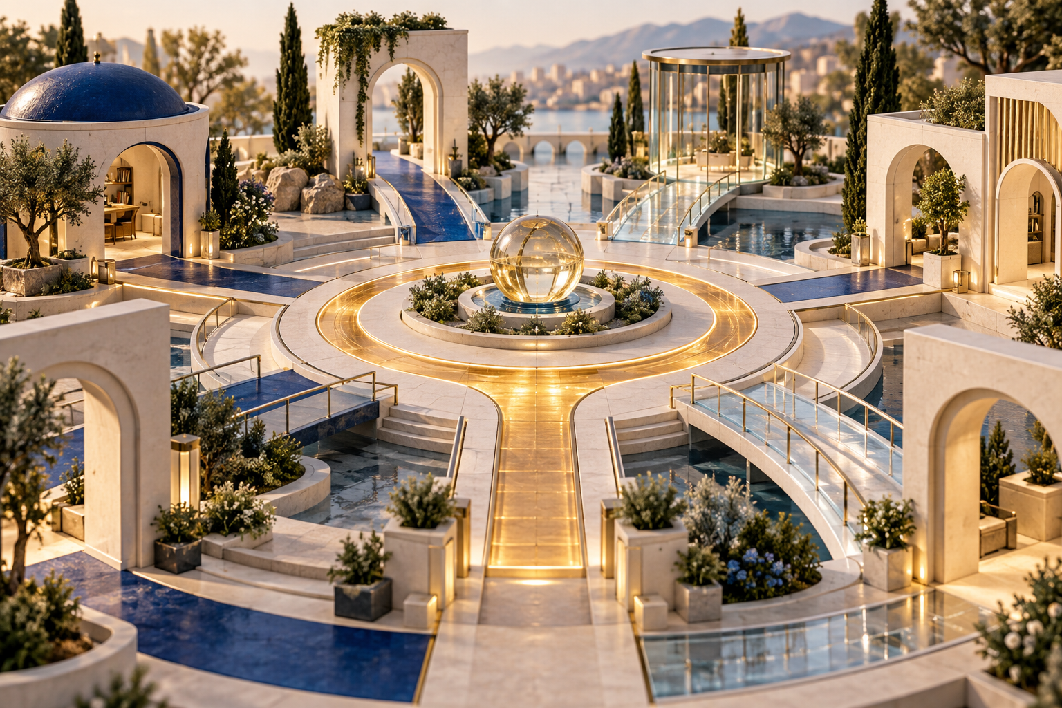 An open plaza connects varied cobalt and ivory pavilions around a shared golden track, suggesting fair access and independent choice.